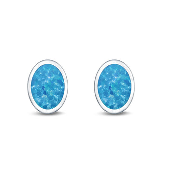 Oval Stud Earrings Lab Created Blue Opal 925 Sterling Silver (6mm-12mm)